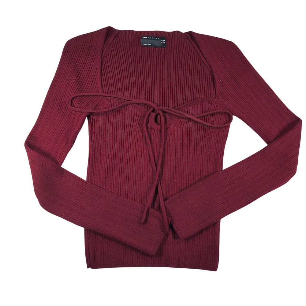 ASOS Women Ribbed Knit Tie Front Crop Top Long Sleeve Burgundy Wine Sweater Chic